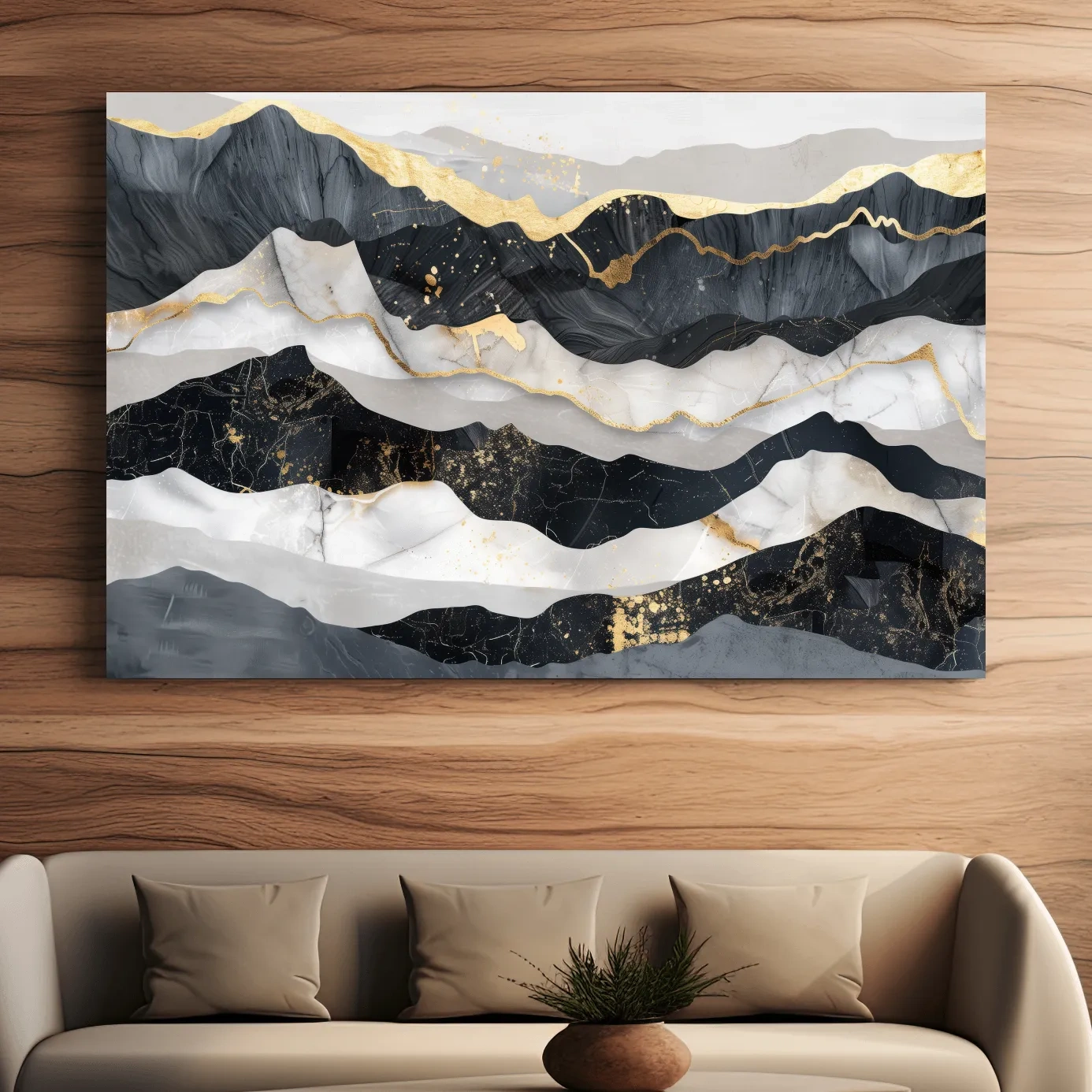 Abstract Black Marble Mountain Layers - Modern Elegant Gold Foil Landscape Wall Art