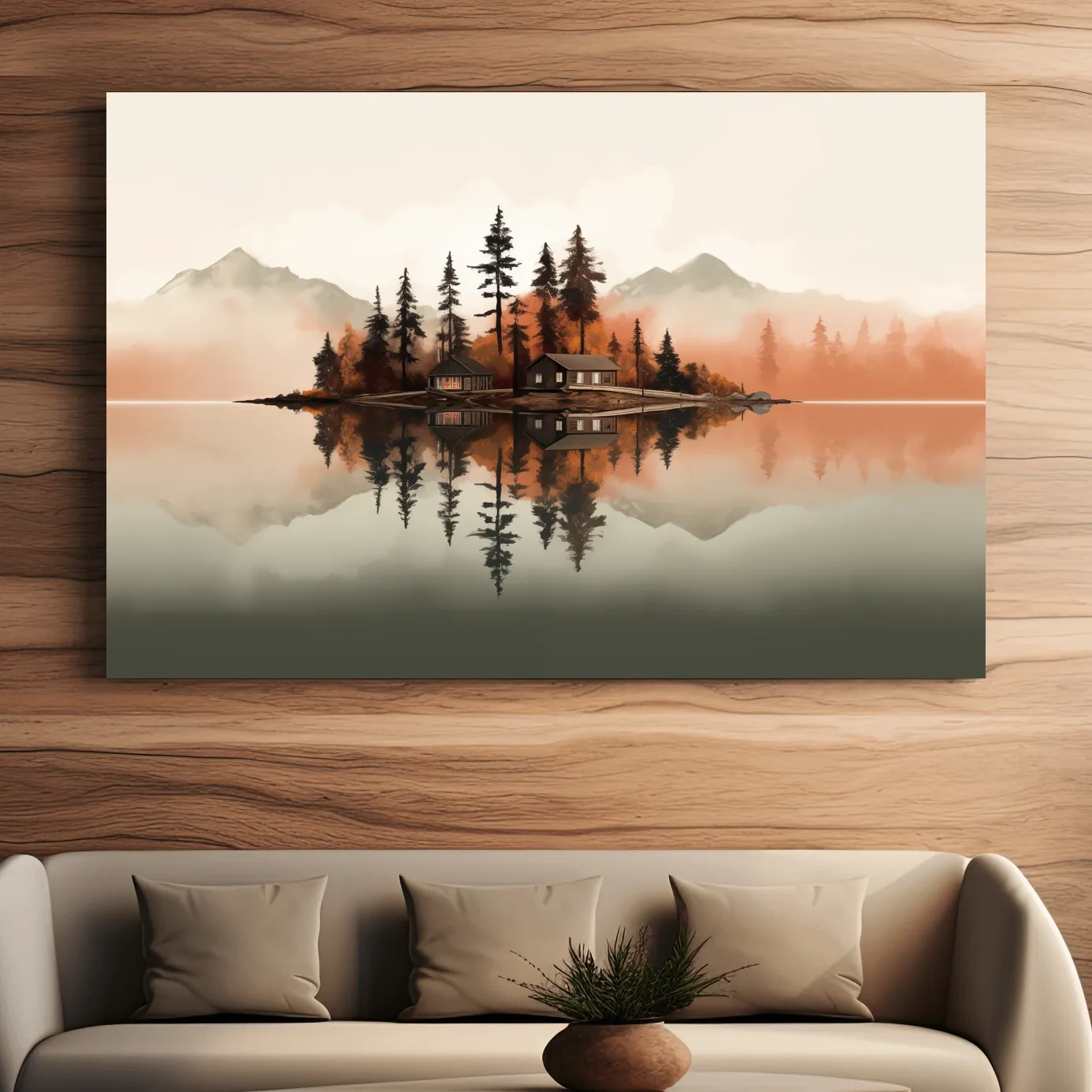 Minimalist art, lakeside cabin amongst the trees