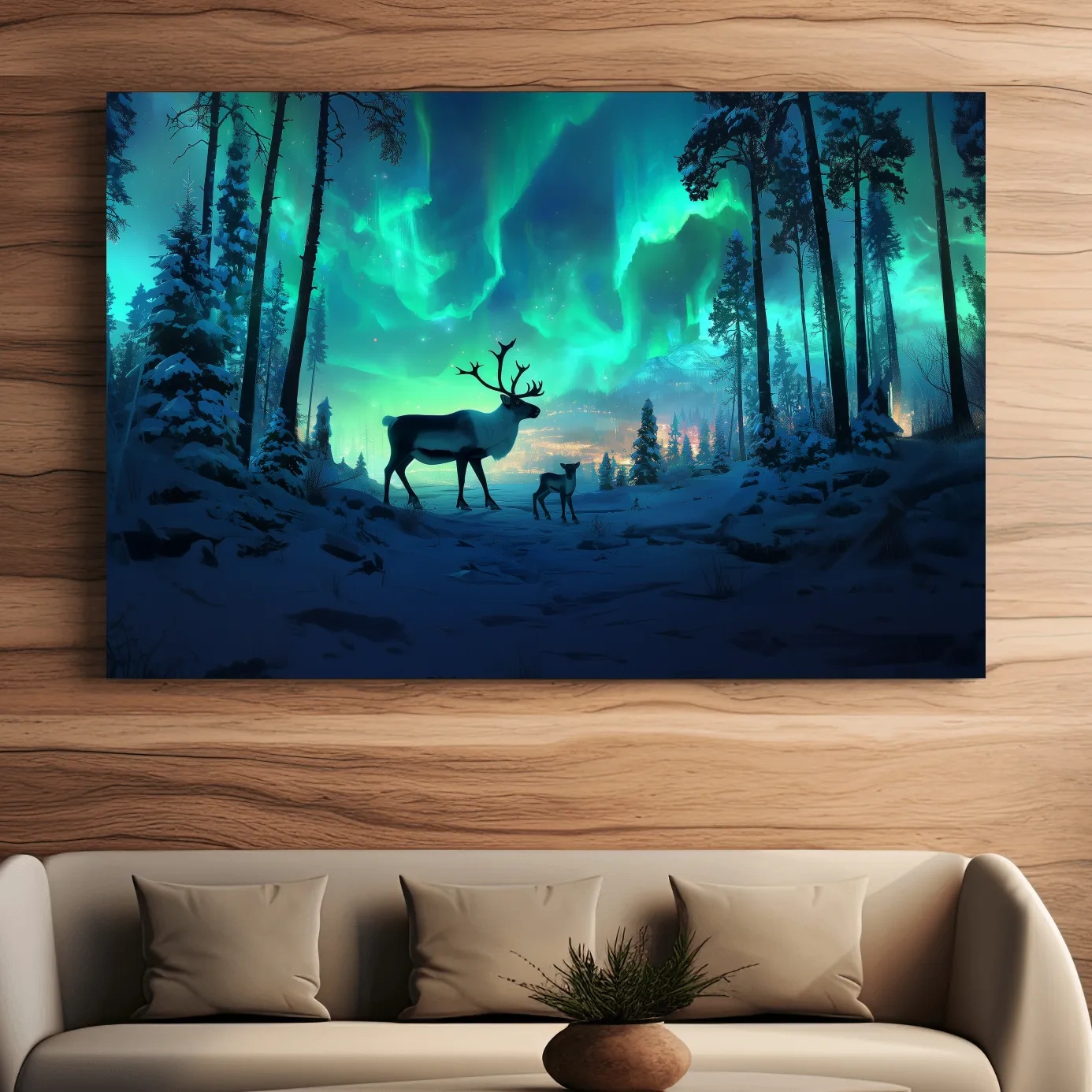 Caribou Buck Under Aurora Borealis Winter Scene - Fantasy Northern Lights Forest Wall Art