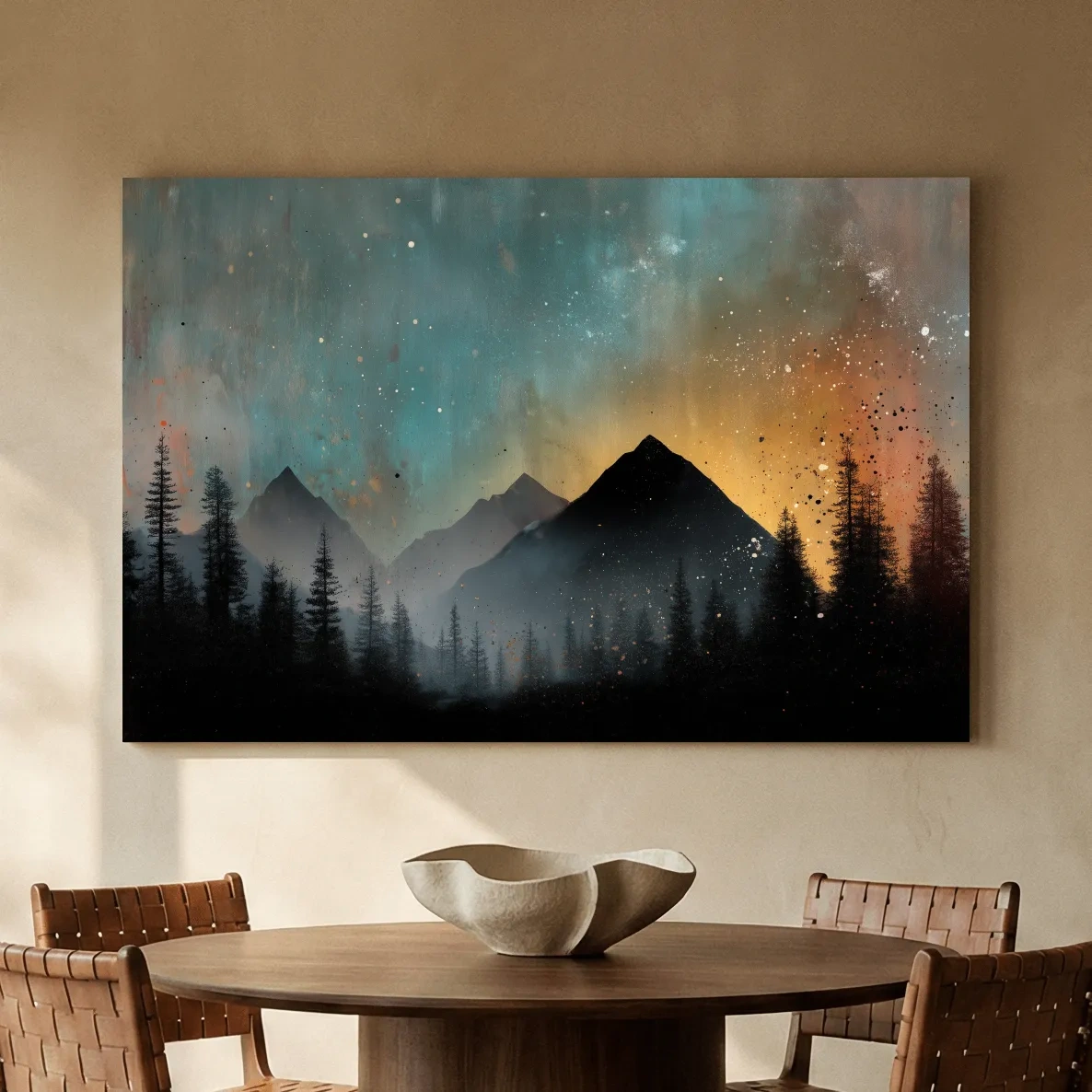 Moody Mountain Sunset Silhouette - Abstract Pine Forest Wall Art