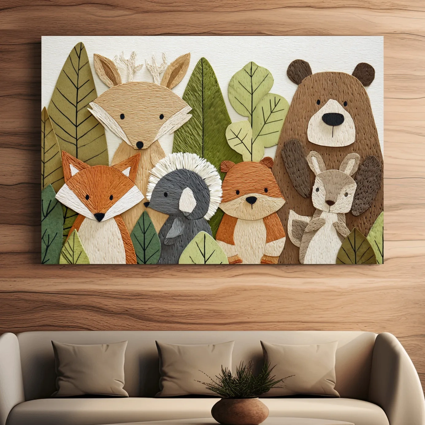 Woodland animal nursery decor, cute forest animal wall art in textured embroidery style