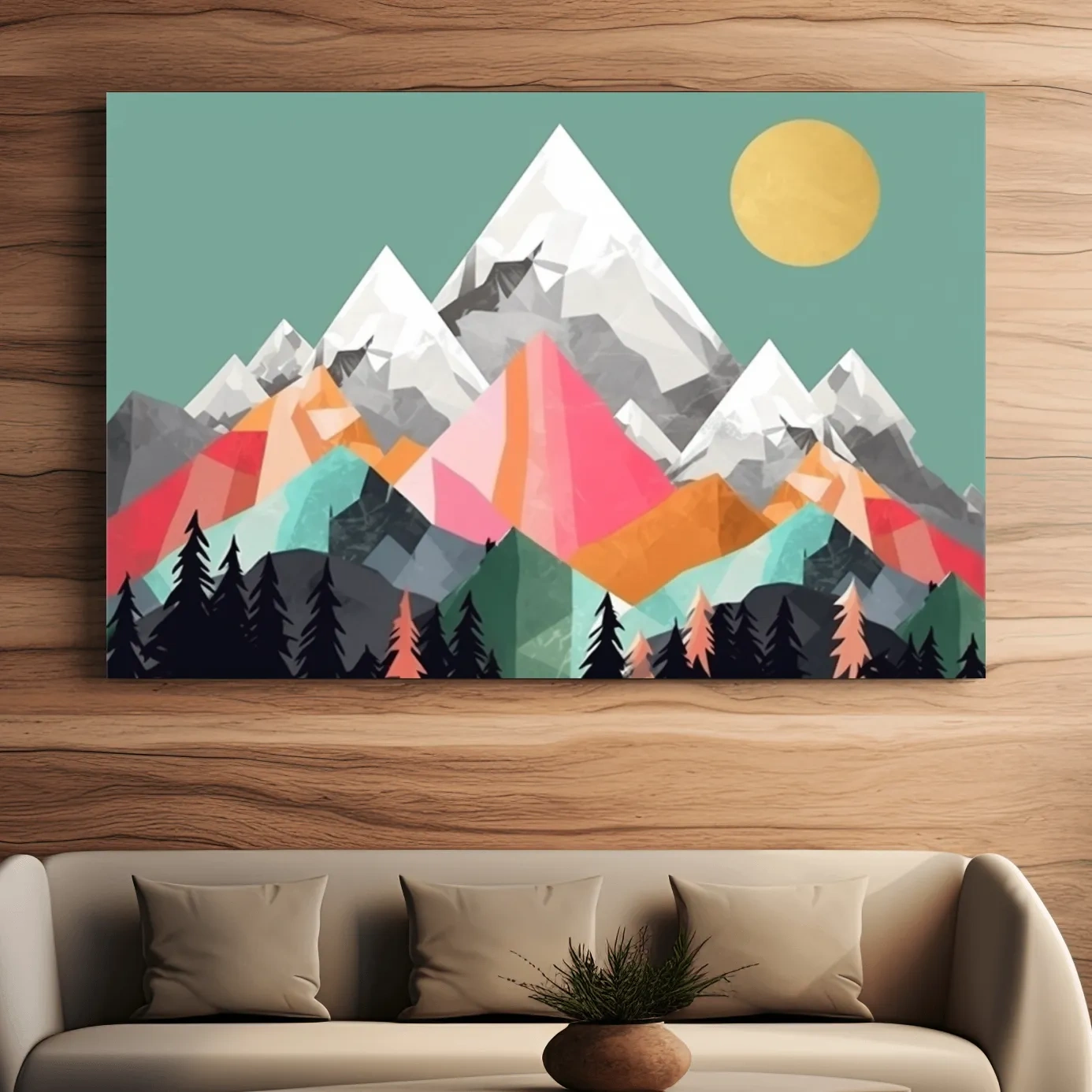 Geometric Abstract 2D Mountain Sunrise Art - Colorful Mid Century Wall Art