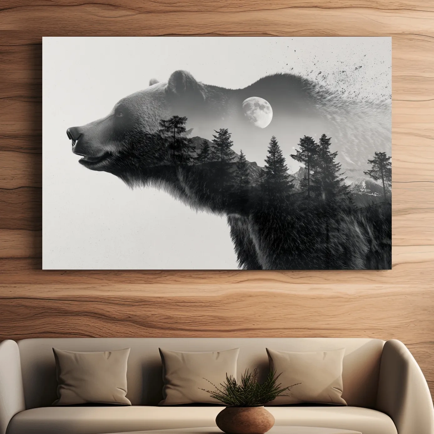 Black And White Grizzly Bear Double Exposure - Moonlit Pine Forest Mountain Wall Art