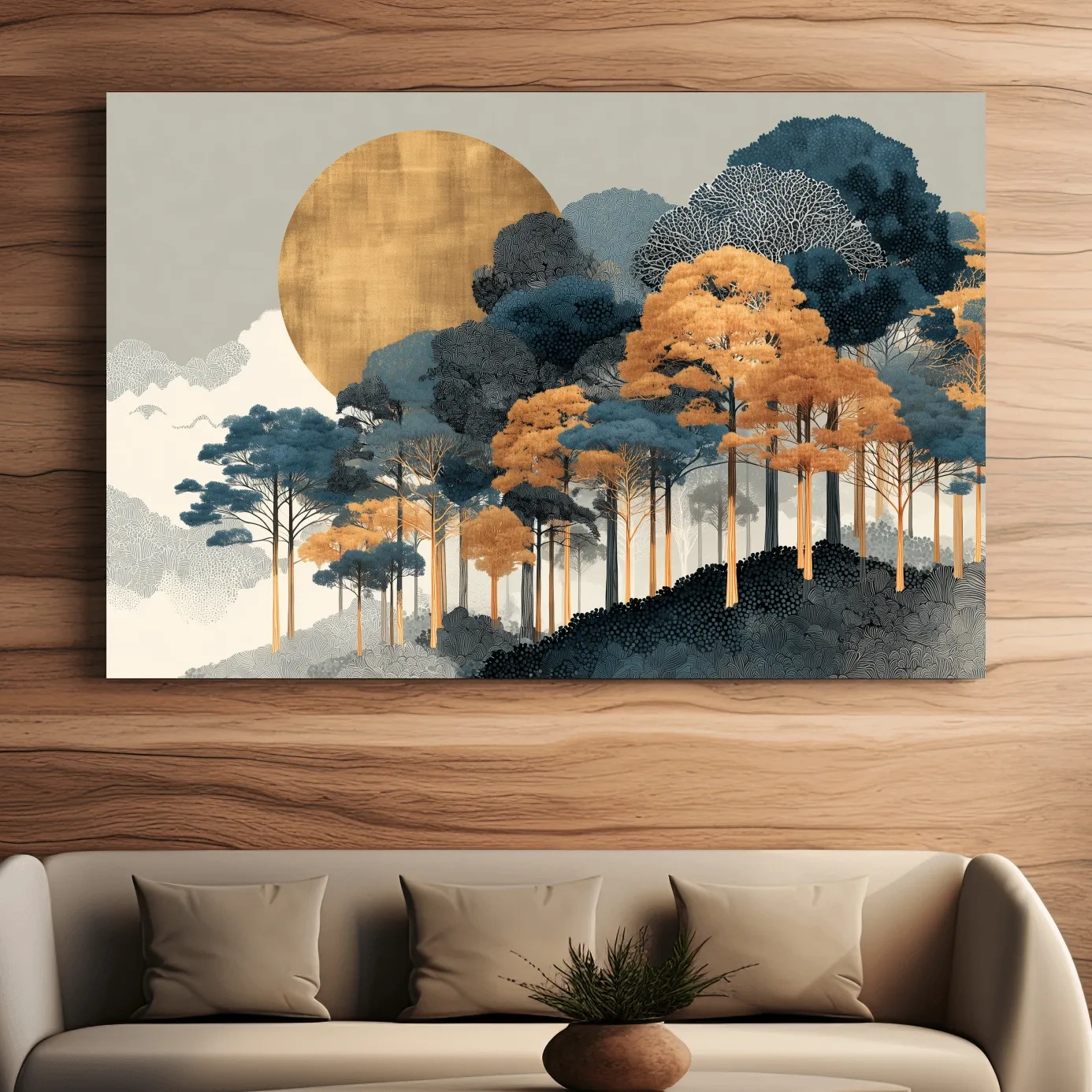 Modern Chic Golden Sun Over Autumn Forest - Elegant Boho Landscape Wall Art