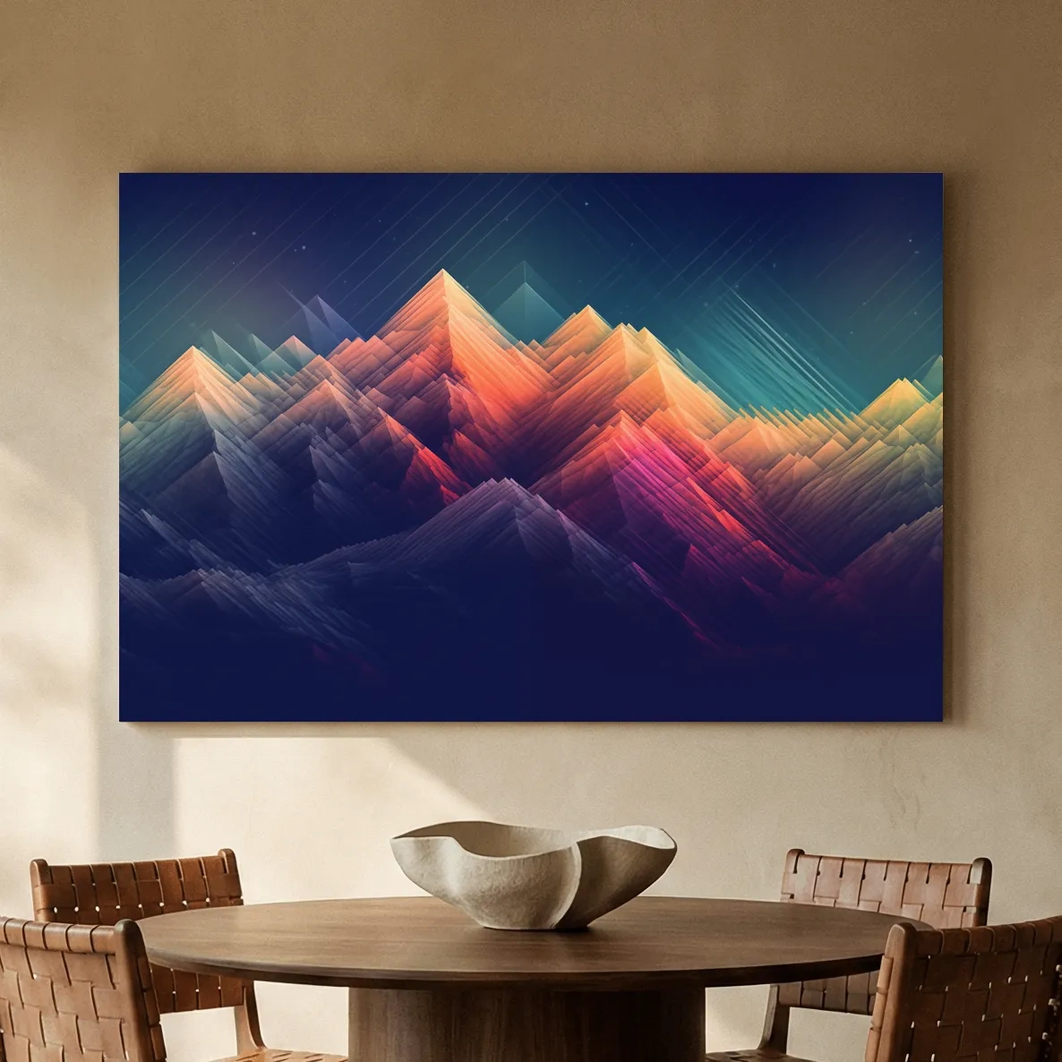 Vibrant Geometric Neon Mountain Peaks - Abstract Alpine Wall Art