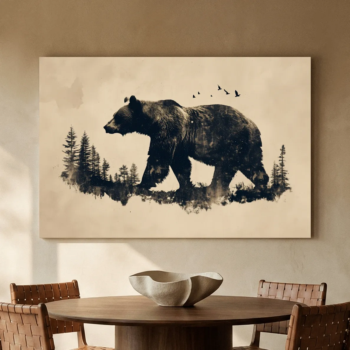 Vintage Grizzly Bear Forest Silhouette - Rustic Wildlife Wall Art