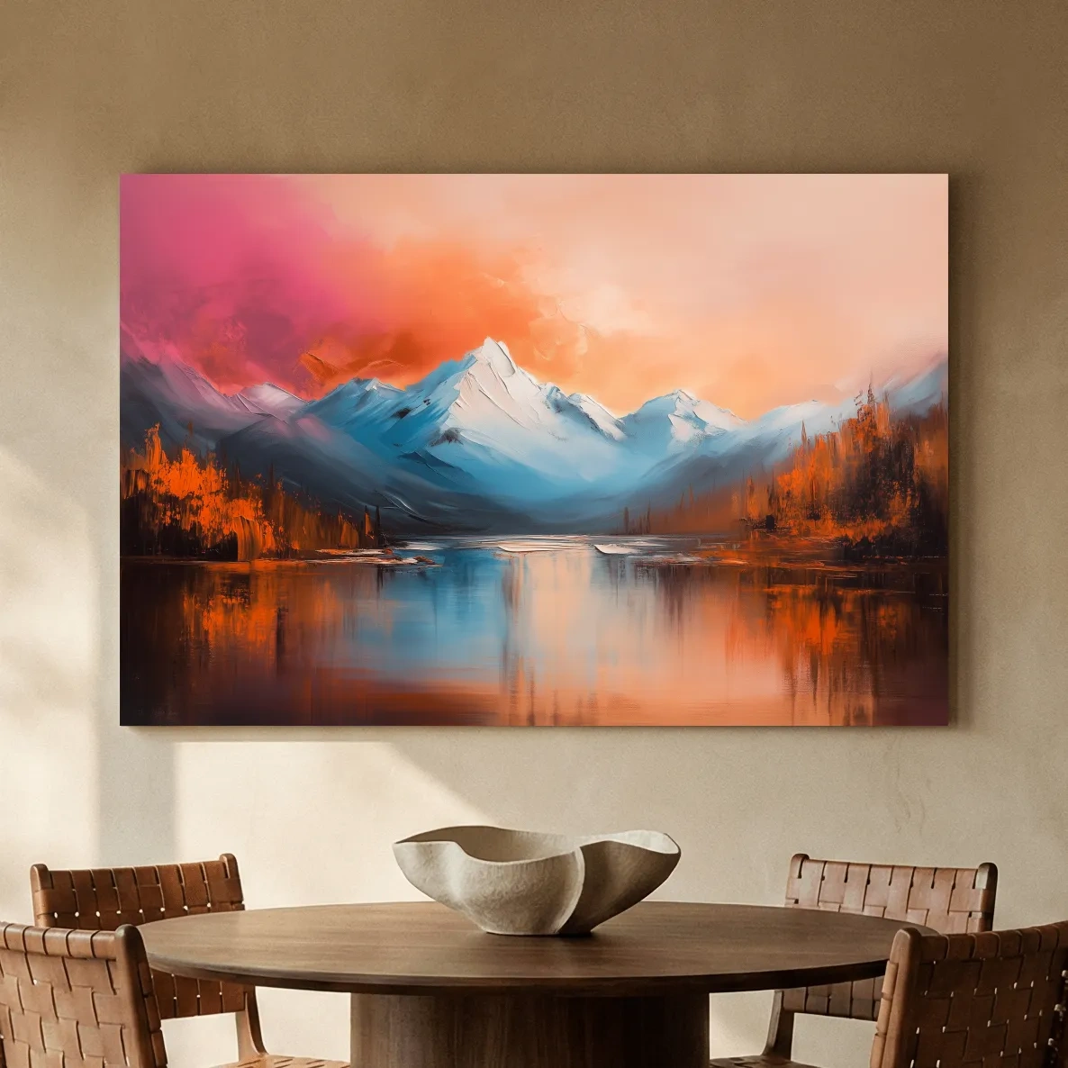 Sunset Mountain Lake Painting - Serene Abstract Landscape Wall Art Print