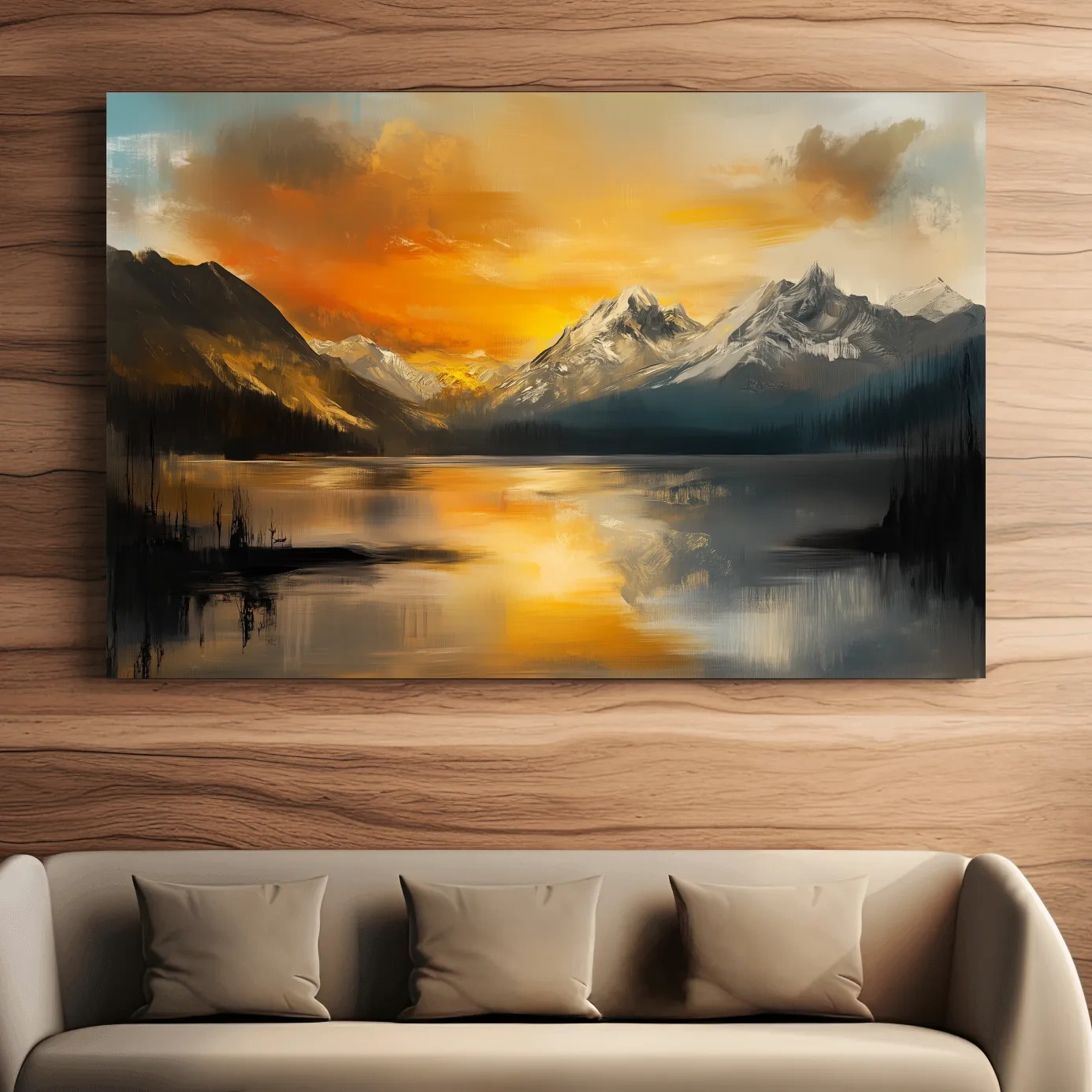Moody Alpine Mountain Lake Sunset Painting - Oil Painting Style Wall Art