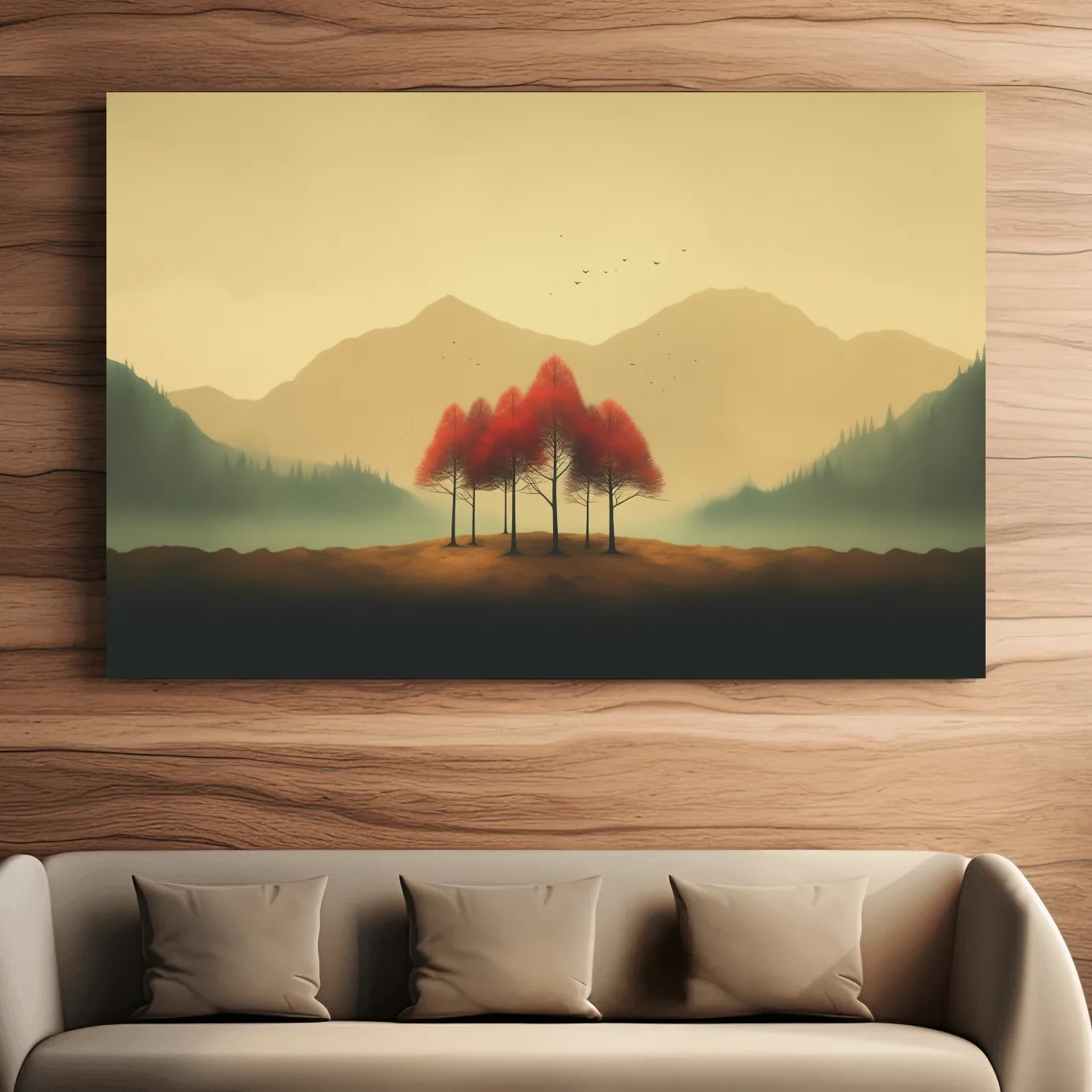 Minimalist Autumn Tree Grove Landscape - Misty Mountain Forest Wall Art