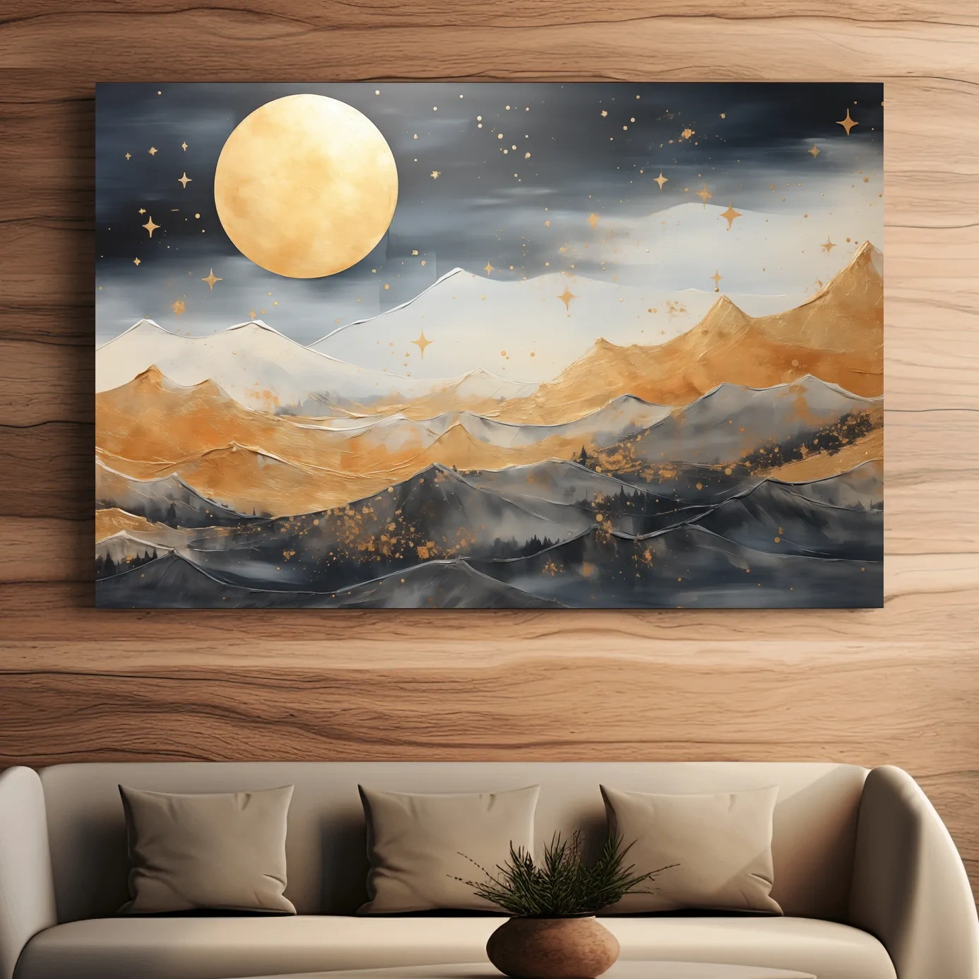 Golden Moonlit Abstract Mountain Landscape - Modern Metallic Watercolor Wall Art