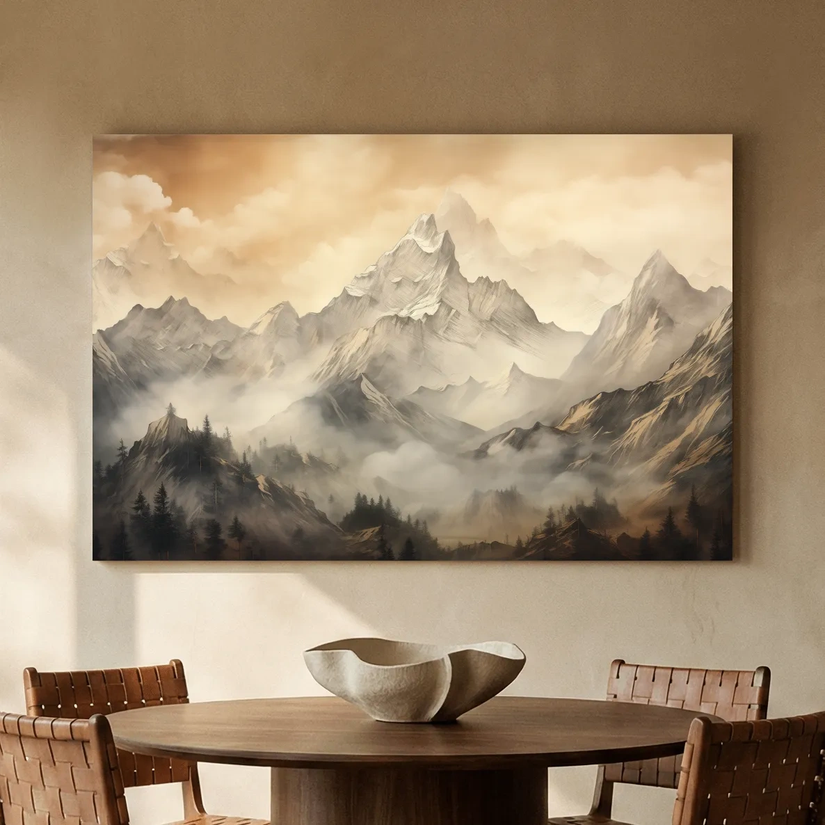 Moody Sepia Misty Mountain Peaks - Atmospheric Alpine Landscape Painting Wall Art