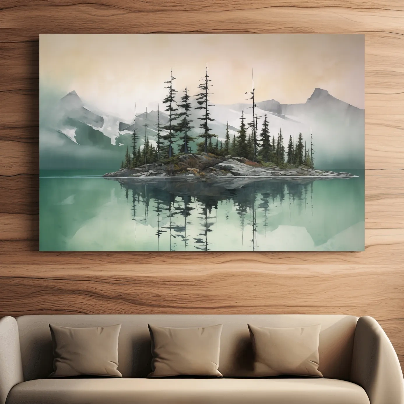 Misty Turquoise Alpine Lake Reflection - Serene Watercolor Mountain Landscape Wall Art