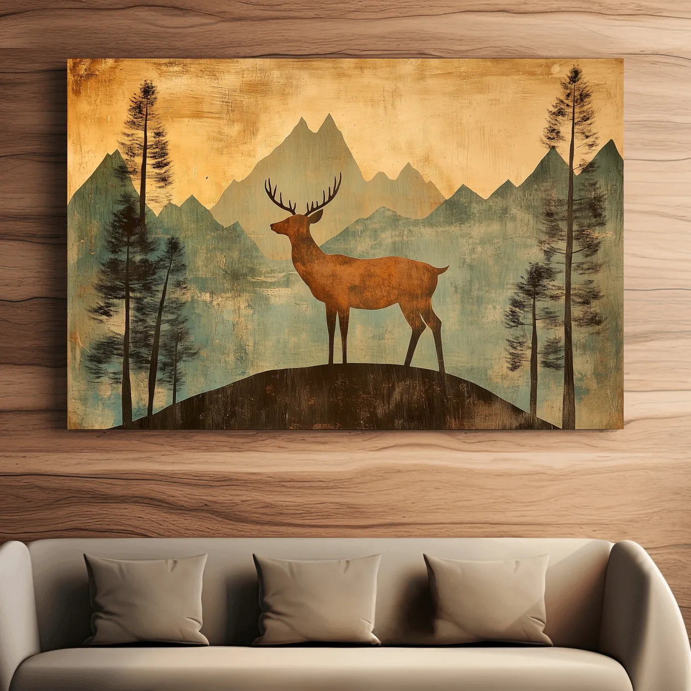 Rustic Deer Silhouette Mountain Landscape - Vintage Textured Woodland Wall Art
