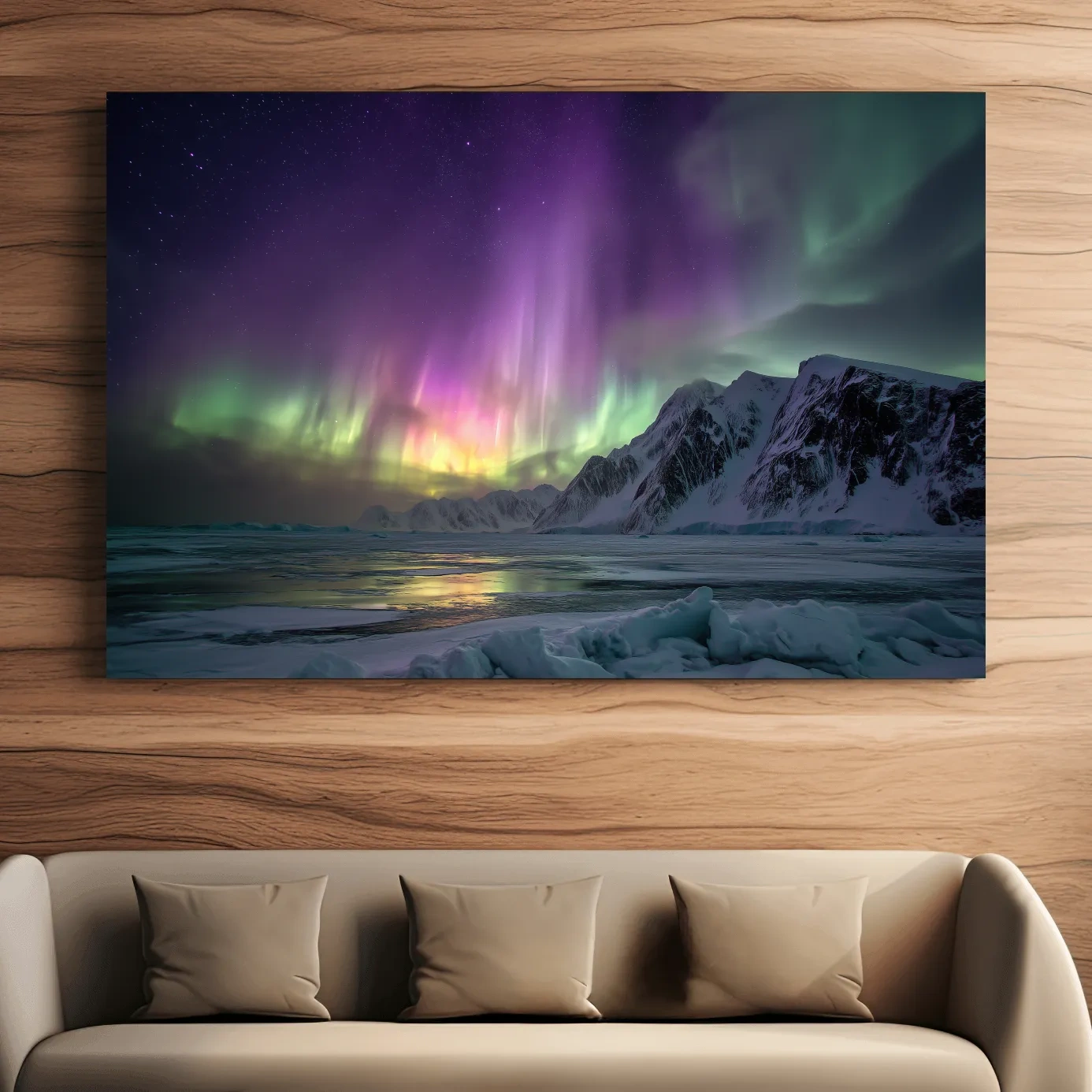 Vibrant Northern Lights Over Snowy Mountains - Aurora Borealis Photographic Night Sky Wall Art