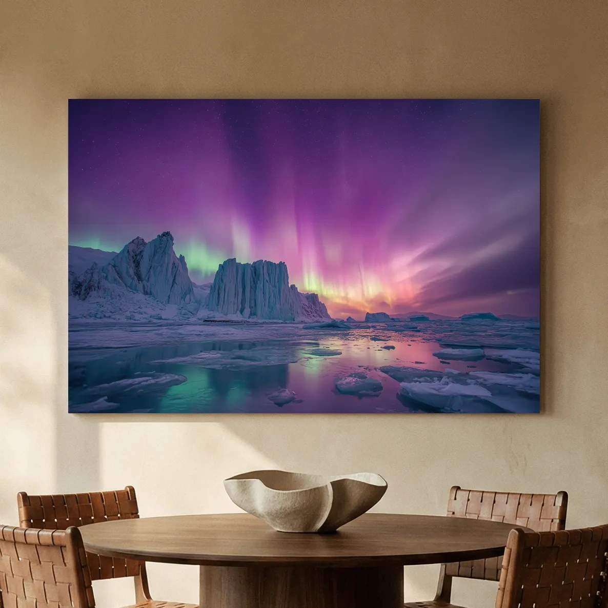 Vibrant Purple Northern Lights Over Arctic Icebergs - Aurora Borealis Landscape Wall Art
