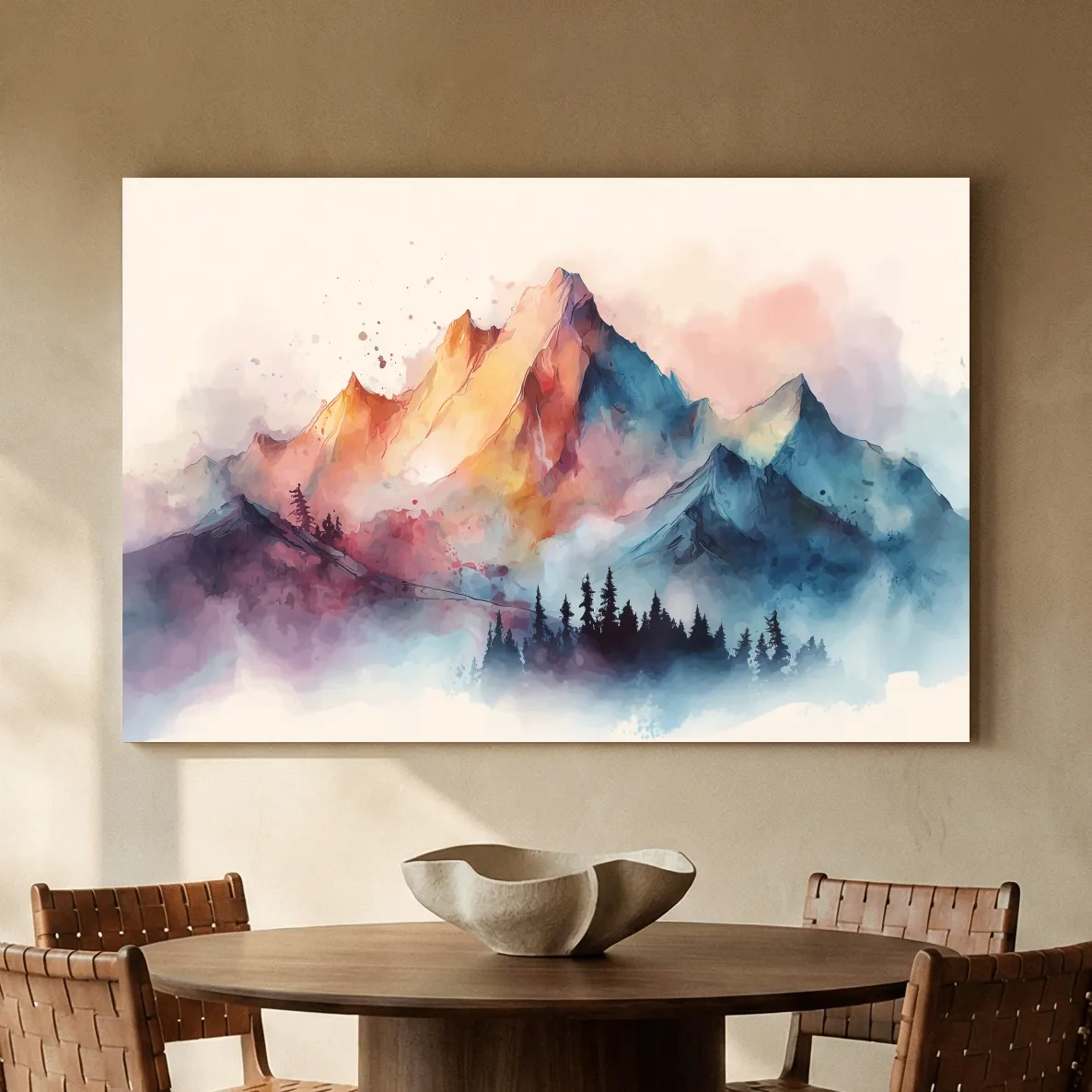 Vibrant Watercolor Mountain Peaks - Colorful Misty Alpine Forest Wall Art