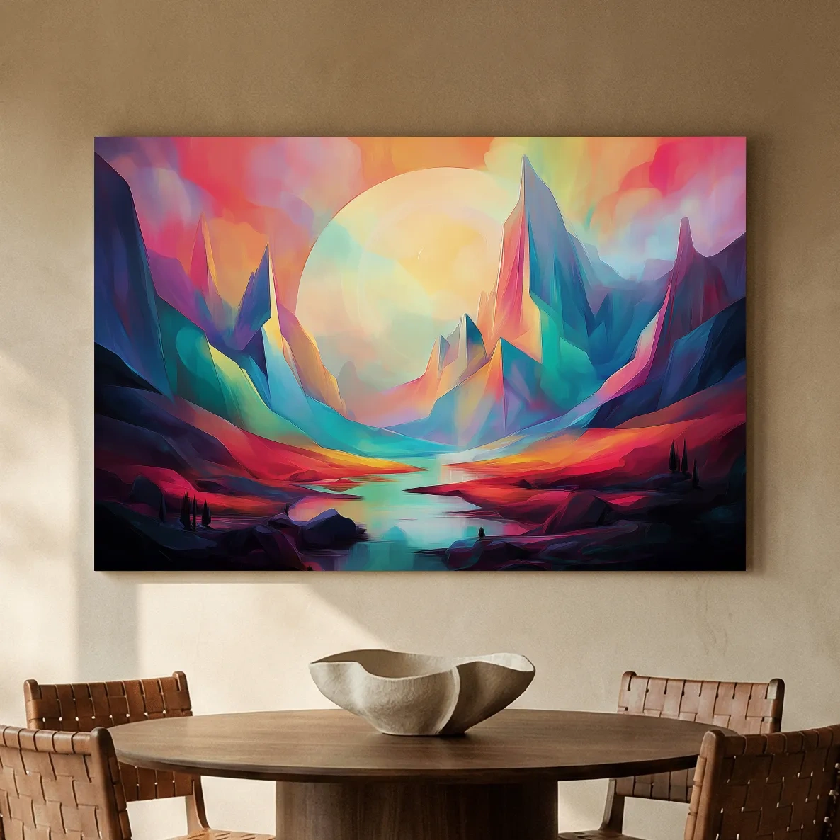 Vibrant Abstract Mountain Valley Sunset - Colorful Surreal Landscape Wall Art