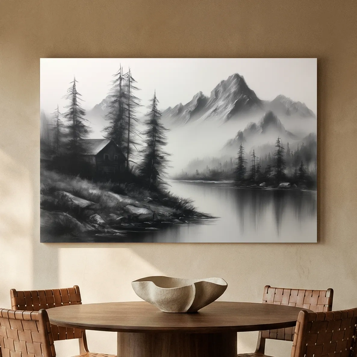 Moody Monochrome Alpine Lake Cabin - Charcoal Mountain Sketch Style Wall Art