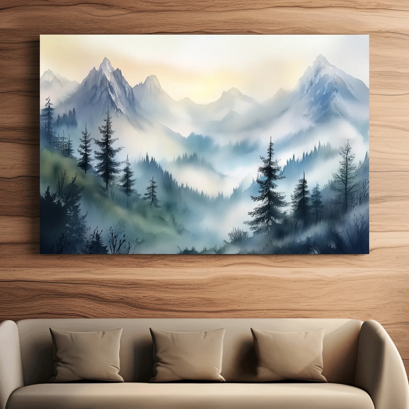 Chinese Ink Wash Watercolor Mountain Peaks - Foggy Alpine Wall Art