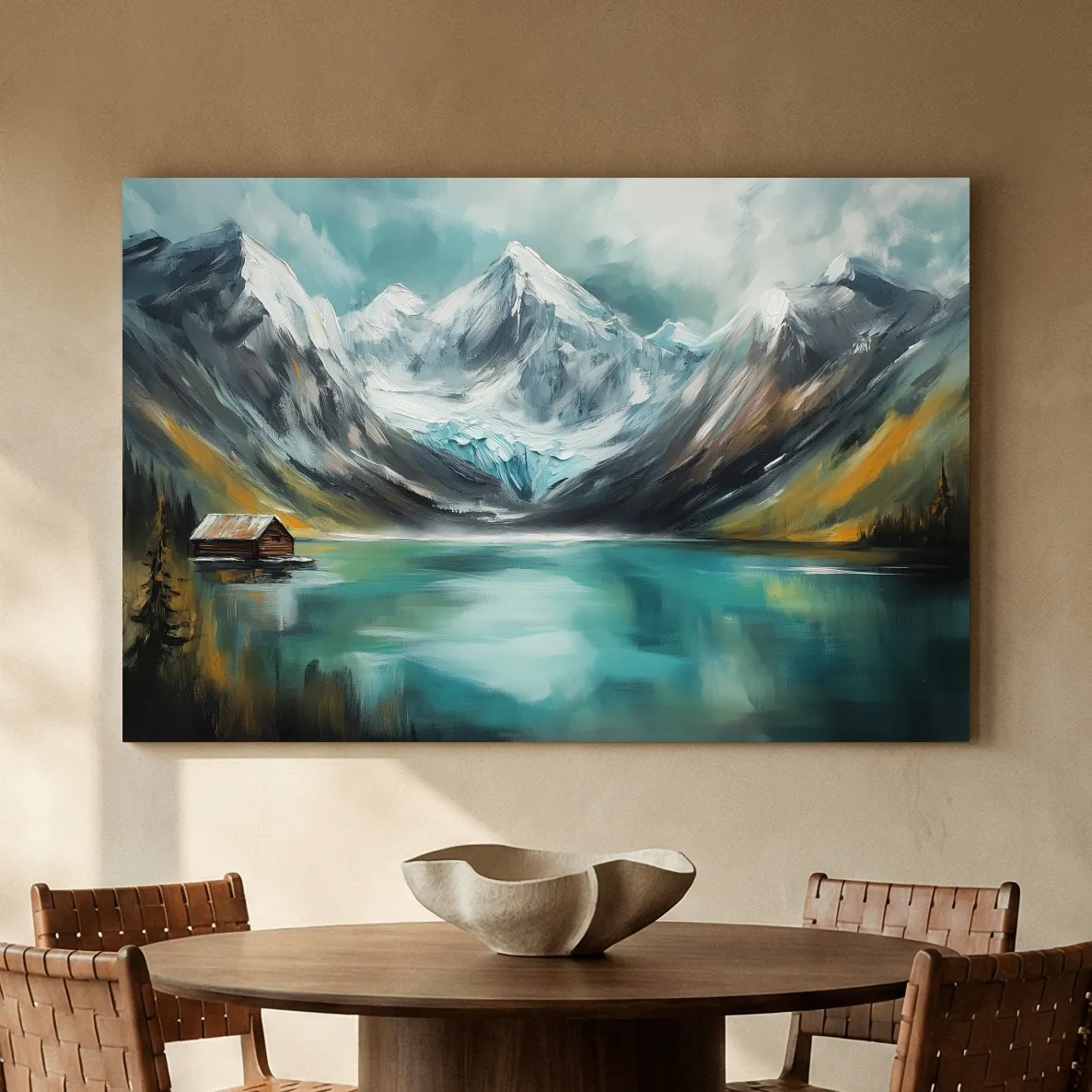 Turquoise Alpine Lake Cabin Painting - Snowy Mountain Landscape Wall Art