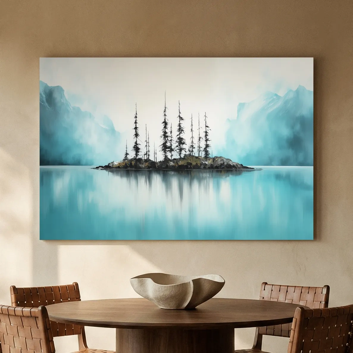 Misty Turquoise Mountain Lake Reflection - Minimalist Watercolor Landscape Wall Art