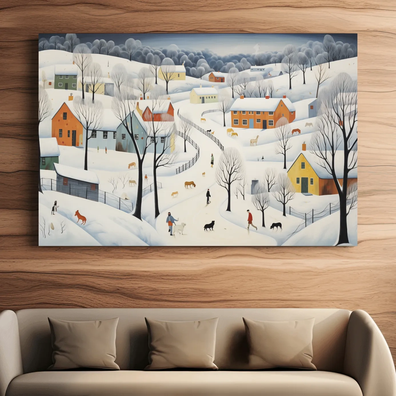 Whimsical Snowy Village Winter Landscape Painting - Folk Art Countryside Wall Art