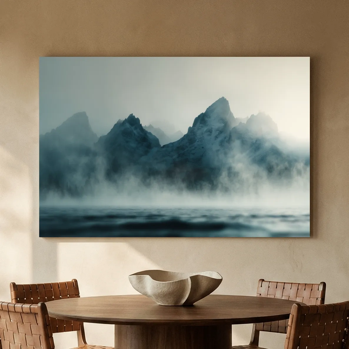 Moody Misty Mountain Peaks Over Water - Atmospheric Monochrome Landscape Wall Art