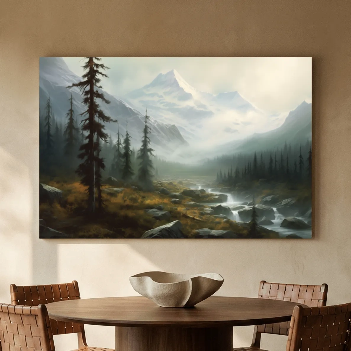 Misty Alpine Mountain Valley Painting - Foggy Evergreen Forest Wall Art