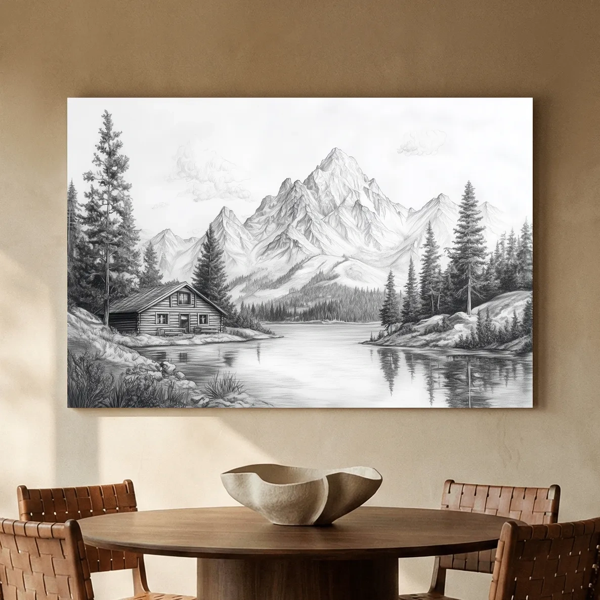 Vintage Pencil Sketch Alpine Lake Cabin - Black And White Mountain Landscape Wall Art