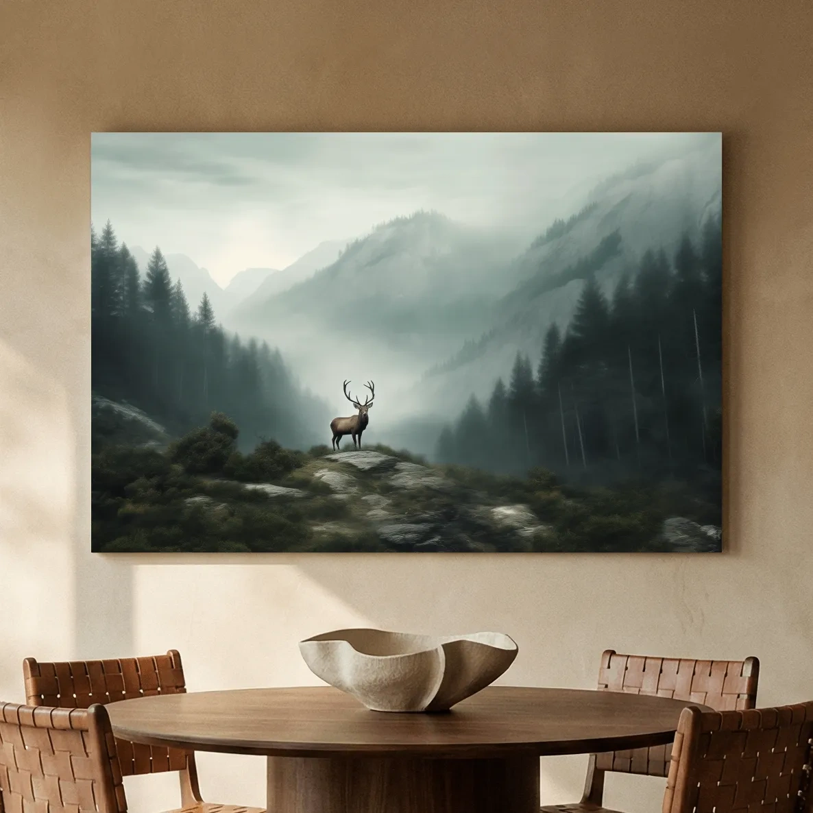 Moody Misty Mountain Deer Landscape - Atmospheric Forest Wildlife Wall Art