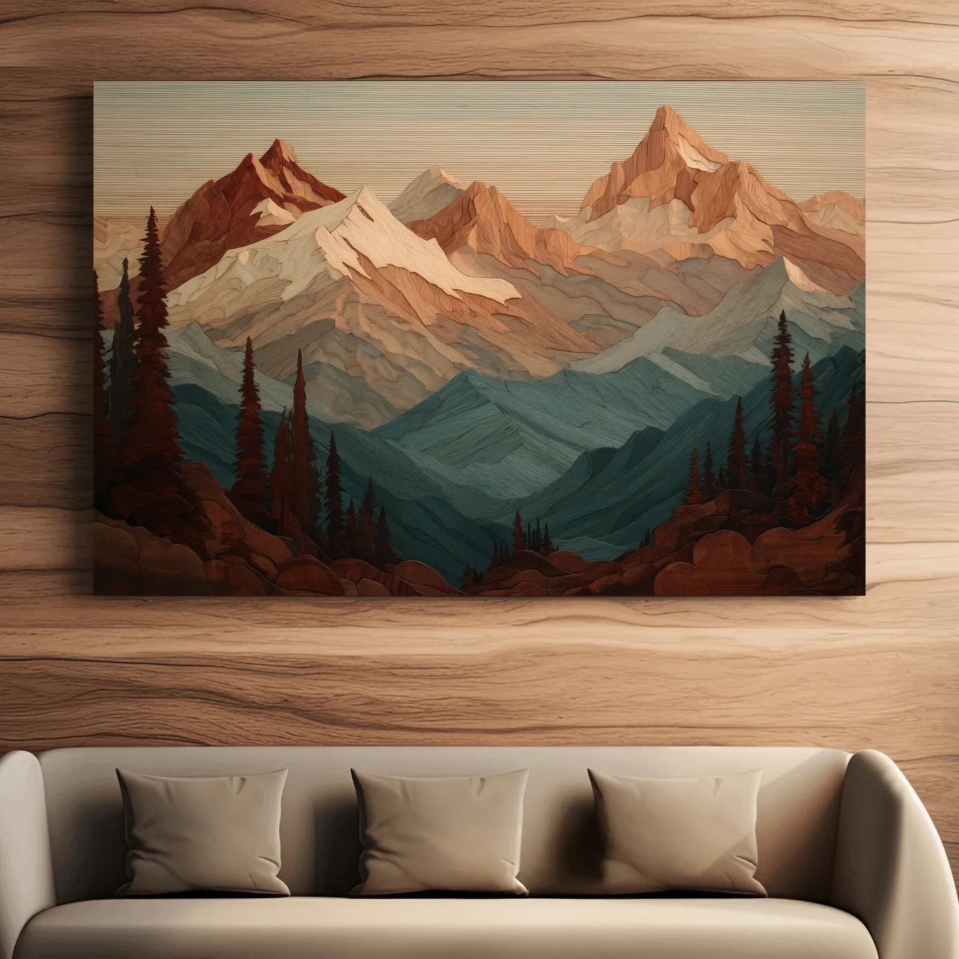 Layered Wood Alpine Mountain Range - Textured Topographic Landscape Wall Art