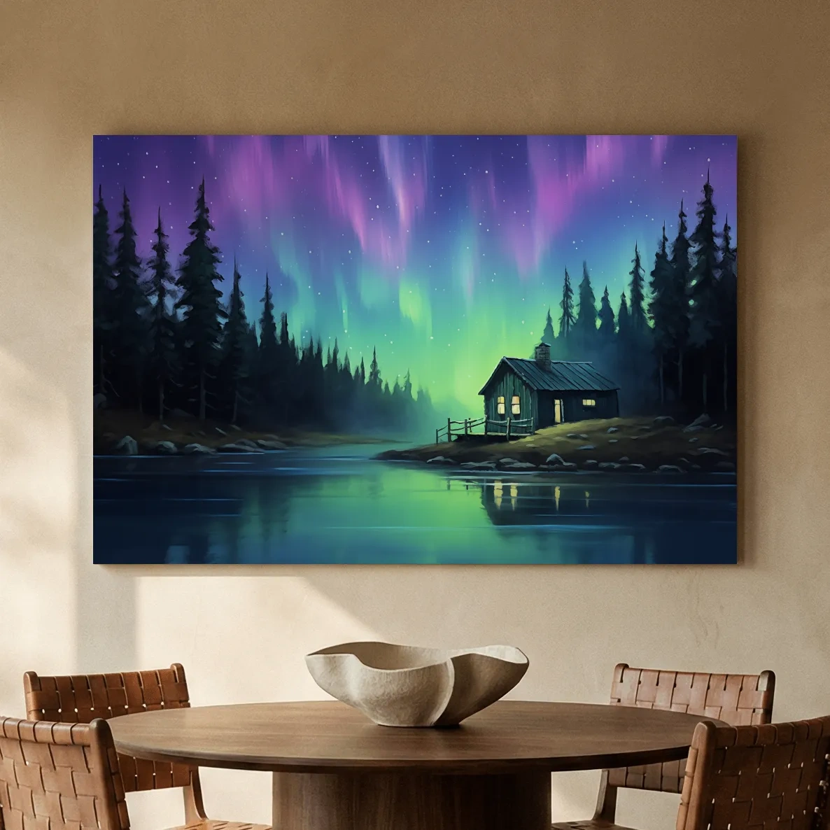 Northern Lights Over Lakeside Cabin Painting - Aurora Borealis Night Wall Art