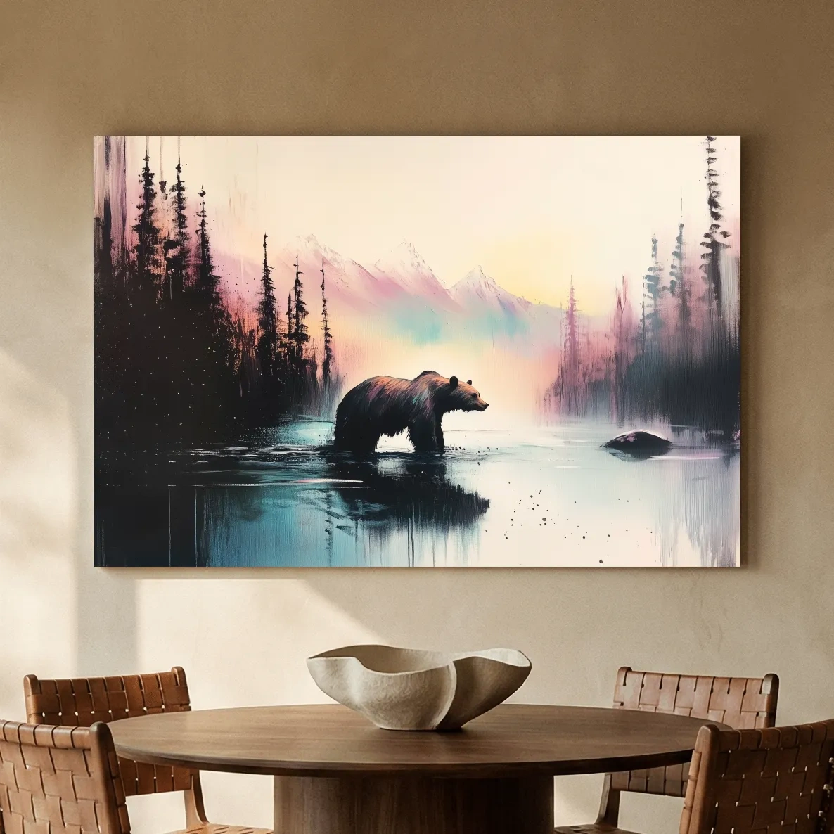 Moody Watercolor Grizzly Bear Lake Reflection - Misty Mountain Wilderness Wall Art