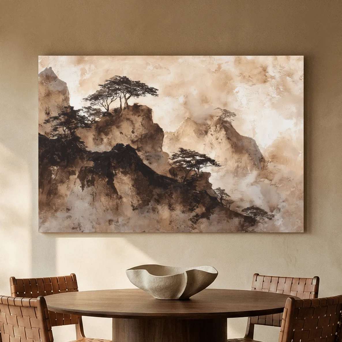 Sepia Japandi Mountain Ridge Painting - Atmospheric Ink Wash Art