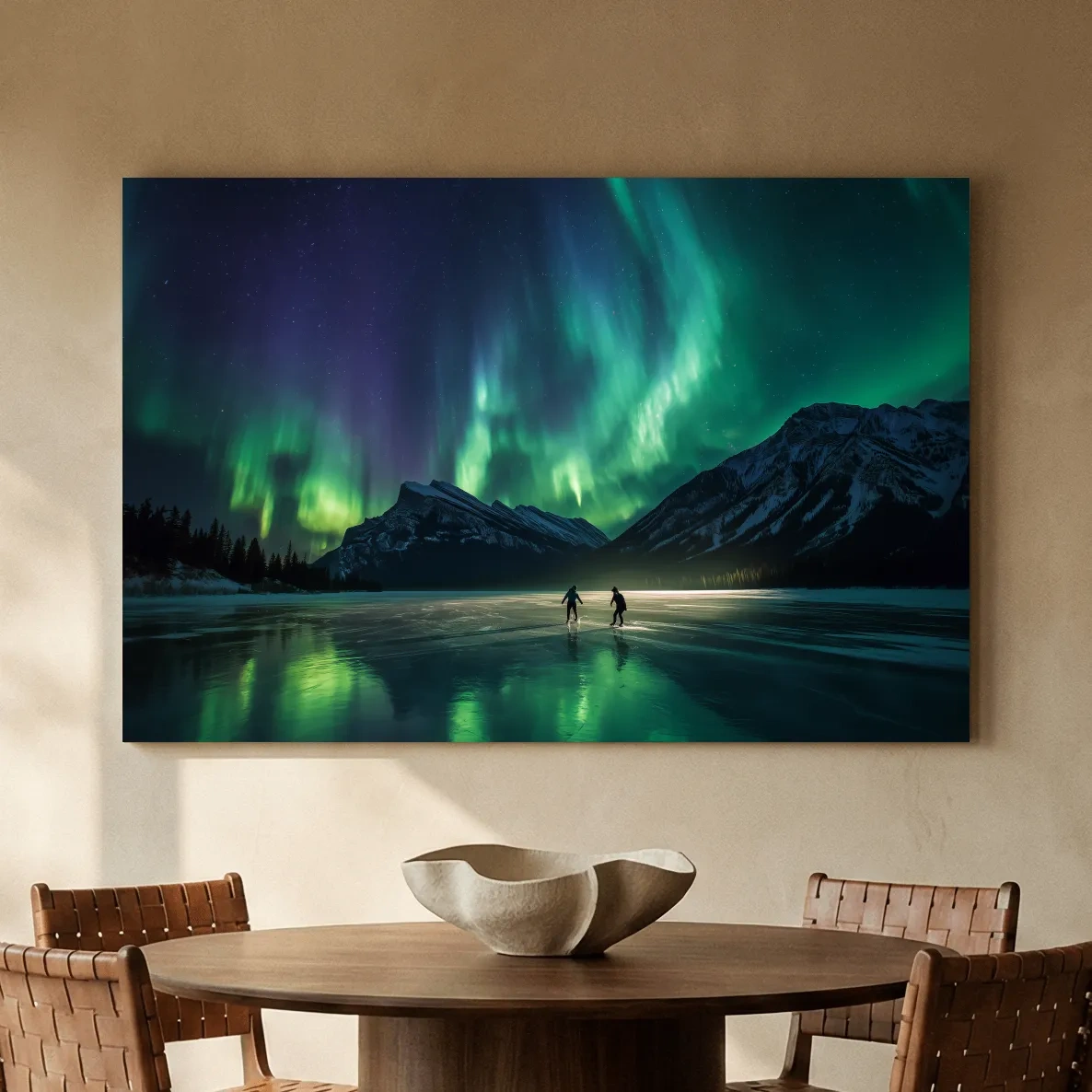 Ice Skaters Under Vibrant Northern Lights - Aurora Borealis Photographic Wall Art