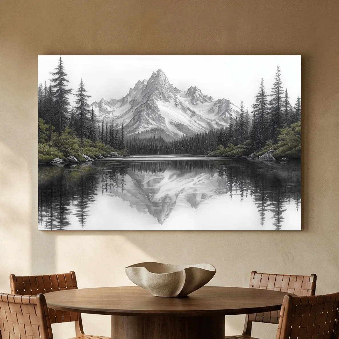 Monochrome Alpine Mountain Lake Reflection Sketch Artwork - Minimalist Forest Landscape Wall Art