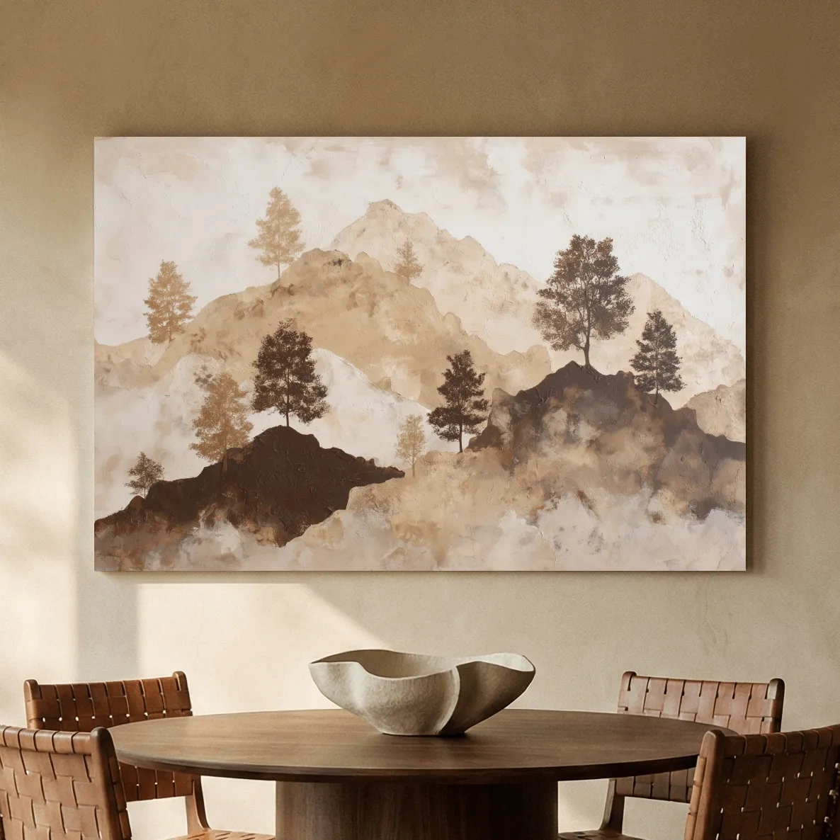 Wabi-Sabi Mountain Tree Silhouettes Painting - Minimalist Landscape Wall Art