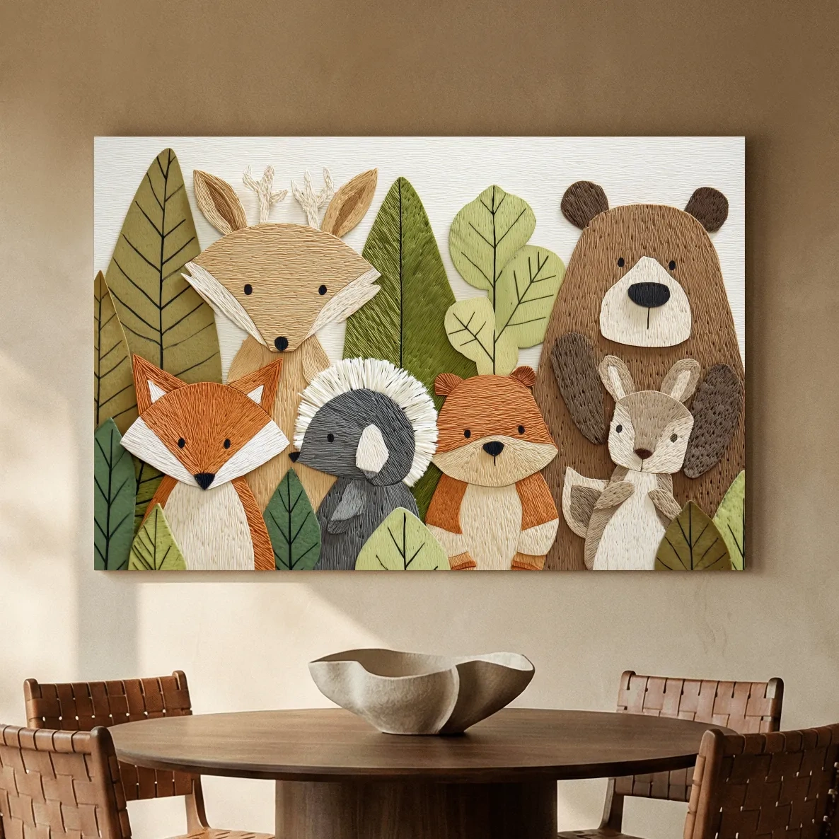 Woodland Animal Nursery Decor - Cute Forest Animals Embroidery Style Wall Art