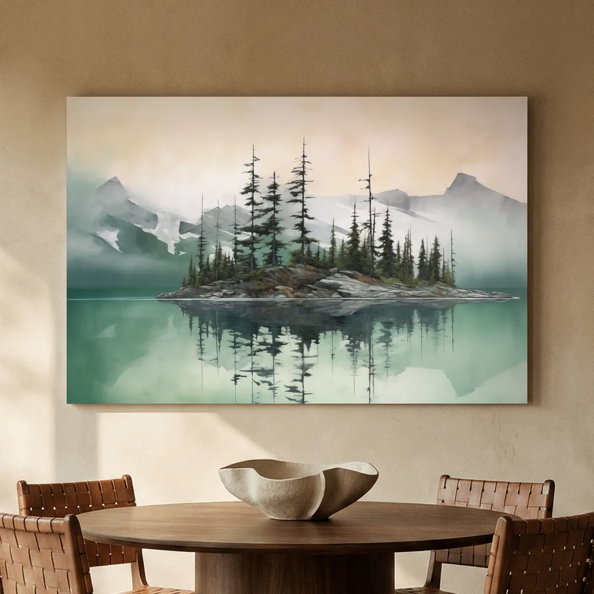 Misty Turquoise Alpine Lake Reflection - Serene Watercolor Mountain Landscape Wall Art