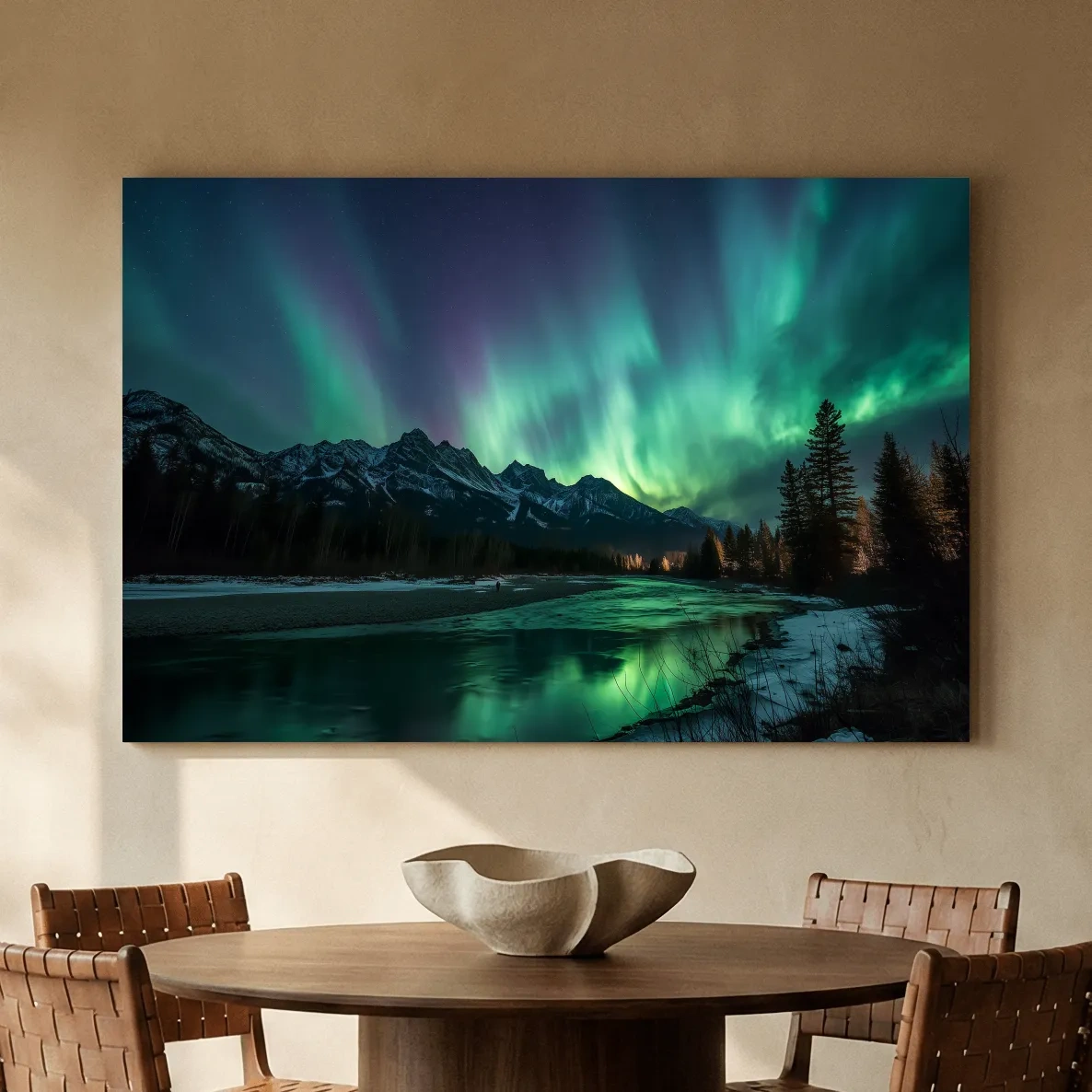 Vibrant Green Northern Lights Over Frozen Lake - Aurora Borealis Landscape Wall Art