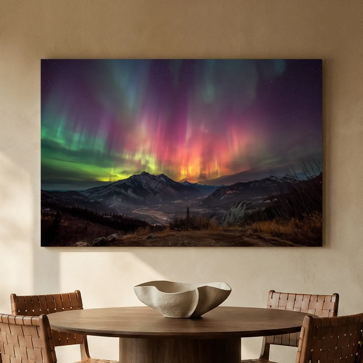 Vibrant Aurora Borealis Over Mountain Range - Colorful Northern Lights Landscape Wall Art