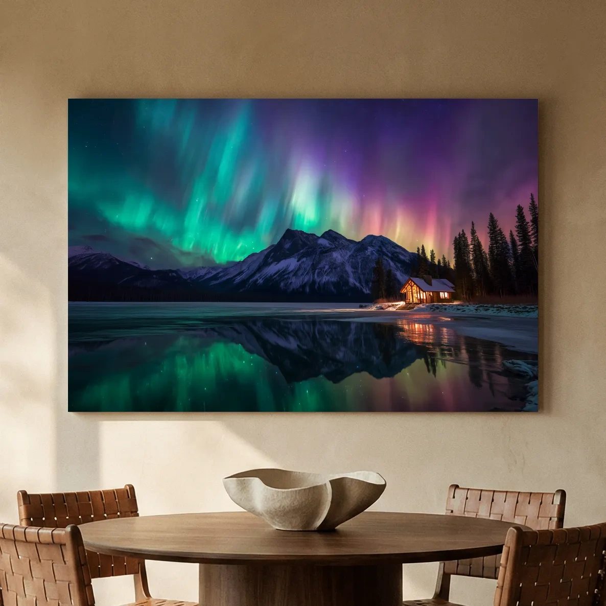 Vibrant Northern Lights Over Mountain Lake Cabin - Aurora Borealis Landscape Wall Art