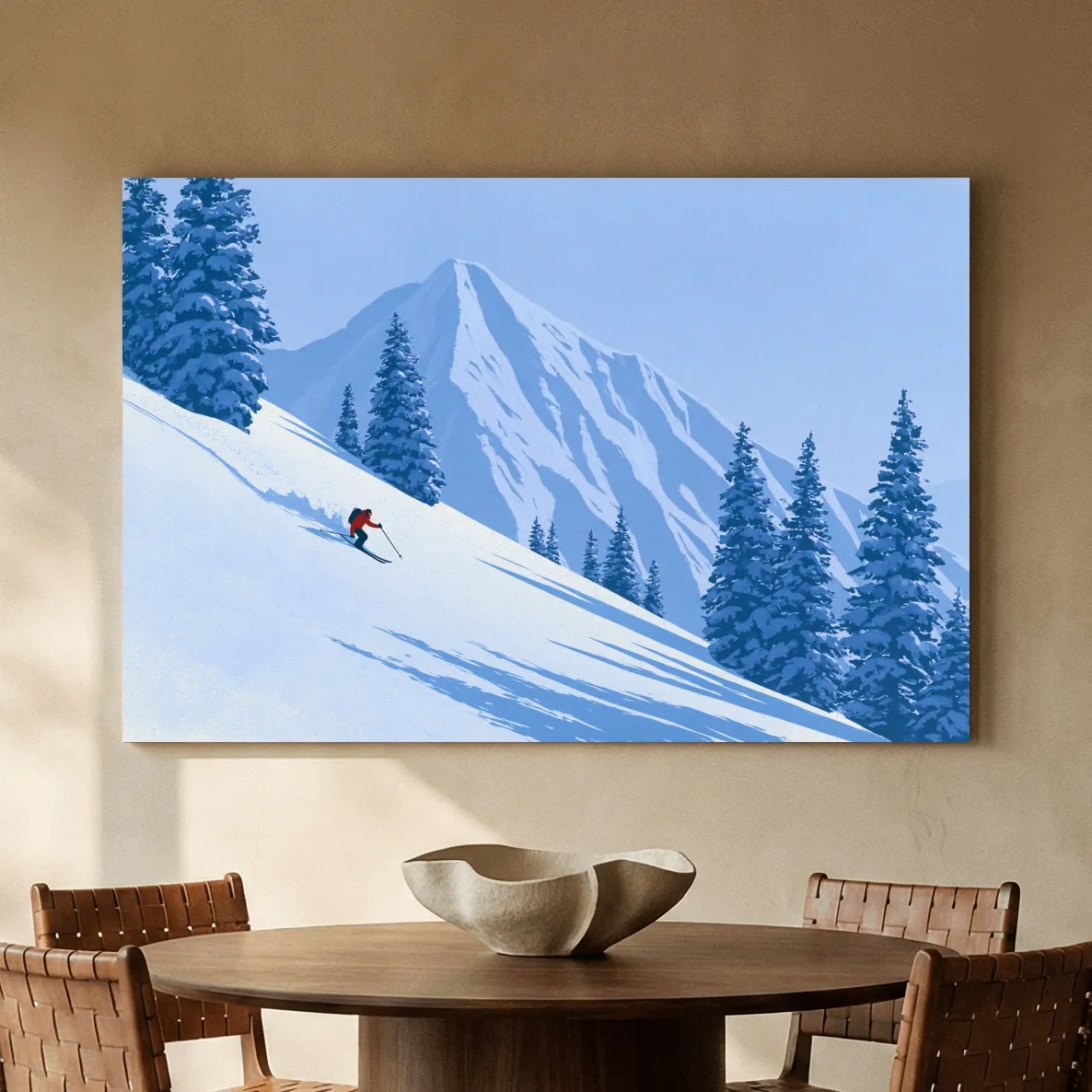 Minimalist Snowy Mountain Skier Landscape - Winter Alpine Illustration Wall Art