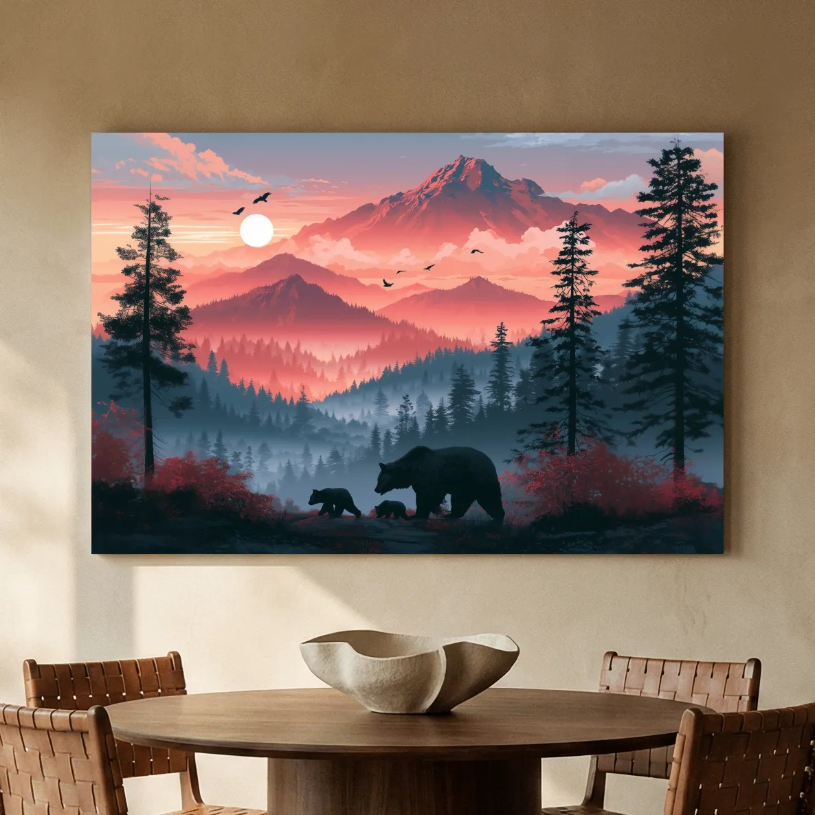 Sunset Mama Bear & Cubs Silhouette - Forest Wildlife Wall Art