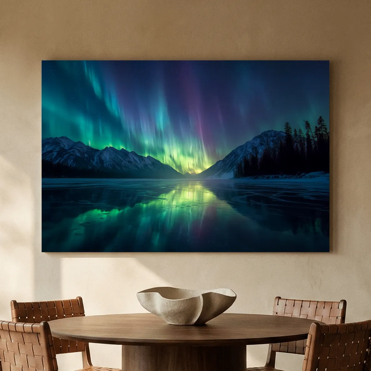 Vibrant Northern Lights Over Icy Mountain Lake - Aurora Borealis Wall Art