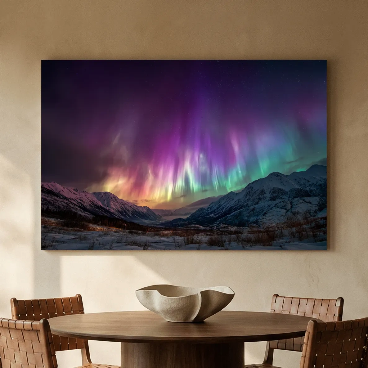 Vibrant Aurora Borealis Over Snowy Mountains - Northern Lights Night Sky Wall Art
