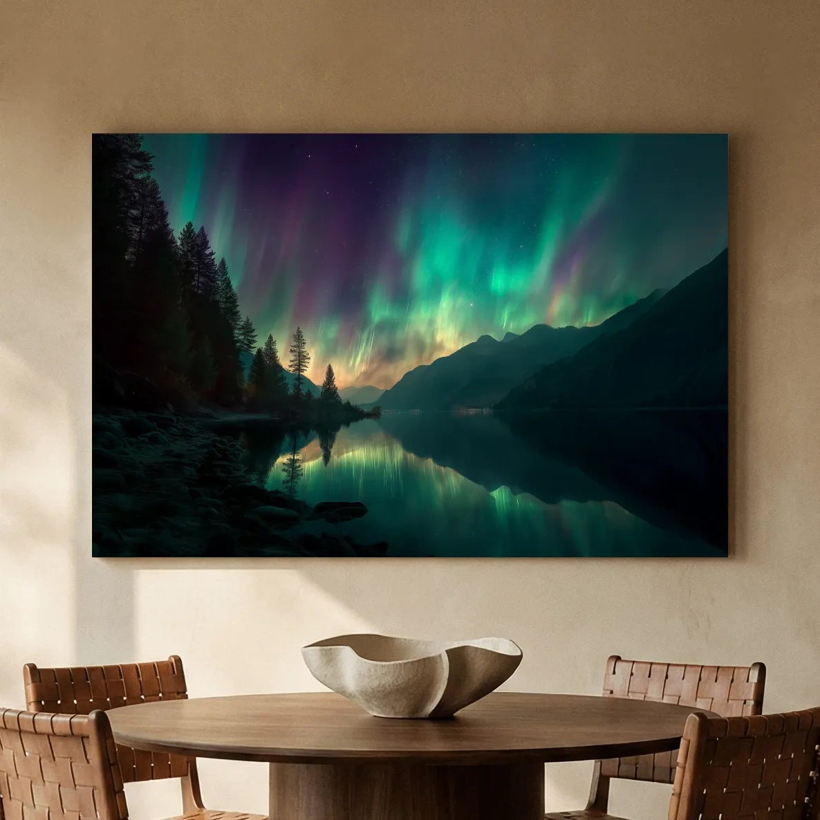 Vibrant Northern Lights Lake Reflection - Aurora Borealis Mountain Wall Art