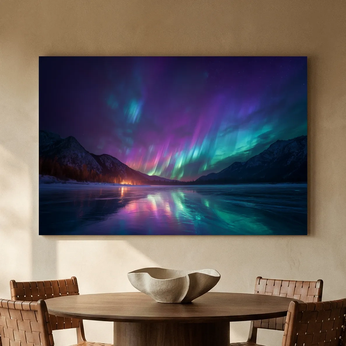 Vibrant Aurora Borealis Over Frozen Lake - Northern Lights Mountain Wall Art