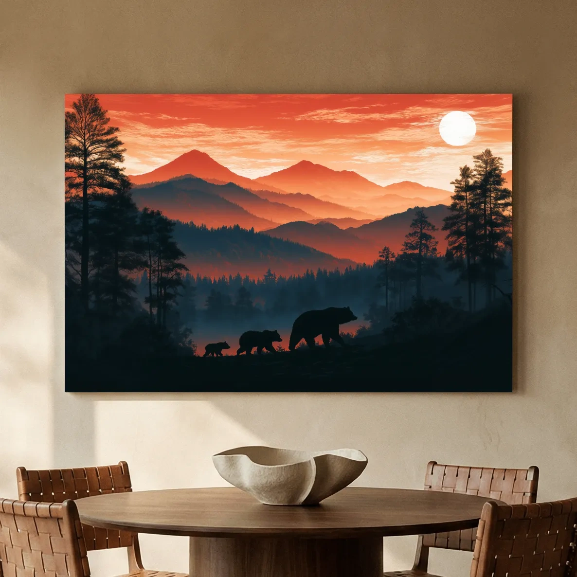 Mountain Sunset Bear Family Silhouettes - Wilderness Landscape Artwork