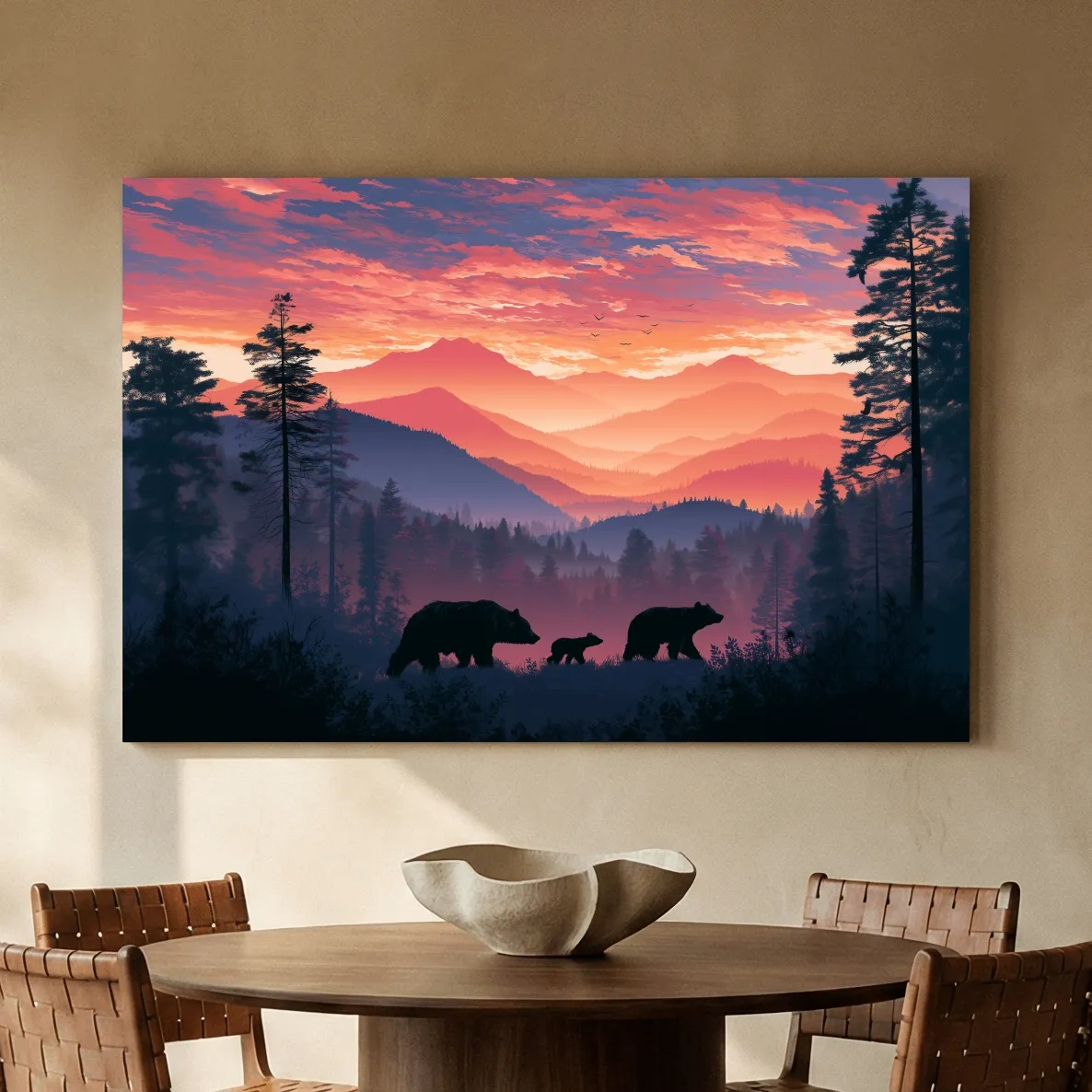 Moody Sunset Mountain Bear Family Silhouettes - Wildlife Wall Art